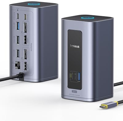 Baseus Estación de Acoplamiento USB-C, Nomos Air Mac 12 en 1, estación de Acoplamiento 2 monitores, 2K HDMI o DP, Puertos USB de 10 Gbps, 100 W PD, Gigabit Ethernet, Compatible con macOS/Win
