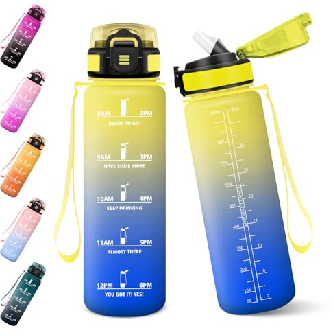 Baramumu Borraccia, 1000ML Senza BPA, Con Paglia, Borraccia Acqua, Bottiglia d'acqua Motivazionale con Indicatore del Tempo, Bottiglia con Cannuccia per Palestra - Giallo&Blu reale