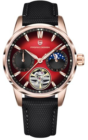 Pagani Design Luxus Herren Automatikuhr Skelett Tourbillon Mondphase Edelstahl 100m Wasserdicht Lederband Herren Mechanische Uhr