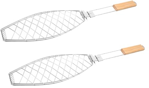 FONDOTIN Cestello per Grigliare Pesce in Acciaio con Manico Antiscottatura Griglia Pieghevole Multiuso per Barbecue all’Aperto e Campeggio Set 2 Pezzi per Carne Verdure e Frutti di Mare