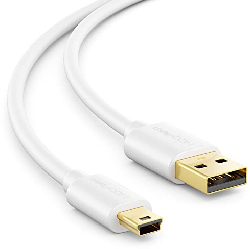 deleyCON 5m Câble Mini‑USB 2.0 Haute Vitesse - Câble pour le Transfert de Données et la Charge pour Téléphones, Smartphones, Tablettes, GPS, Microphone - Connecteur USB‑A vers Mini‑B - Blanc