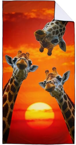 Violetpos Mikrofaser Groß Strandtuch 90x180 cm - Schnelltrocknendes & Kompaktes Handtuch/Strandhandtuch, Giraffen bei Sonnenuntergang Motiv Badetücher für Reise Urlaub Camping mit Tasche