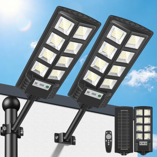 PEAKRO 600W Lampione Solare Led Esterno 2 pezzi, 6500K IP65 Impermeabile Faretto Stradale con Sensore di Movimento, Lampioni da Giardino Esterno Solari Lampada Stradale Solare per Garage Strada