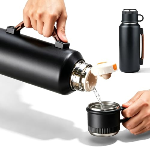 1 000 ml termos av 316 rostfritt stål, isoleringsflaska, termosflaska (varar 24 timmar) med mugg och separat tekammare, termosmugg för resor och kontor (svart)