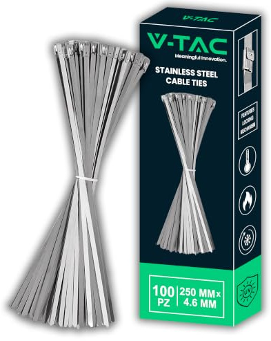 V-TAC Bridas para Cables de Acero Inoxidable - [ LONGITUD: 25 CM ] - Paquete de 100 PIEZAS - Ancho 4.6 mm - Bridas para Cableado Multiuso - Sujetacables para Electricista, Mecánico y Tubos Metálicos