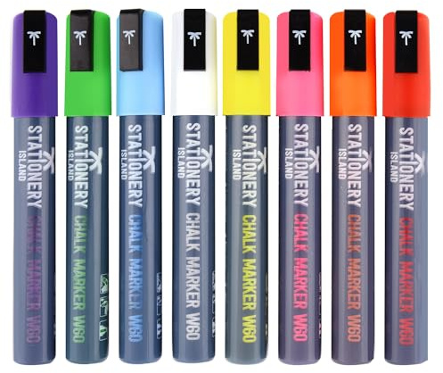 Stationery Island Kritpennor W60 förpackning med 8 neonfärger – 6 mm mejselspetsnibs. Våt torka bort vätska kritmarkörer. för glas, whiteboards, skyltar och icke-porösa svarta tavlor