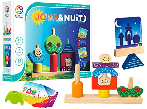 SmartGames - Jour et Nuit - Jeu de Réflexion en Bois - Reproduis Les Images Pas à Pas - 48 Défis de Niveaux Différents - 1 Joueur - pour Enfants à Partir de 3 Ans - Version Française