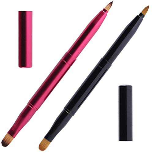 2 Pcs Retractable Lip Brushes - Dual End Lipstick & Concealer Brush with Cap - Pink & Black - Natural Bristles