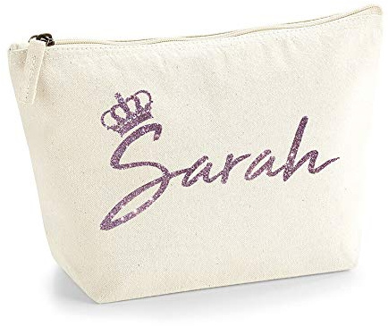 Personalisiert Name Initialen & Königin Krone Kosmetiktasche Damen Schminktasche für Handtasche Makeup Tasche mit Texturdruck - Roségold Glitter - M - Natürlich