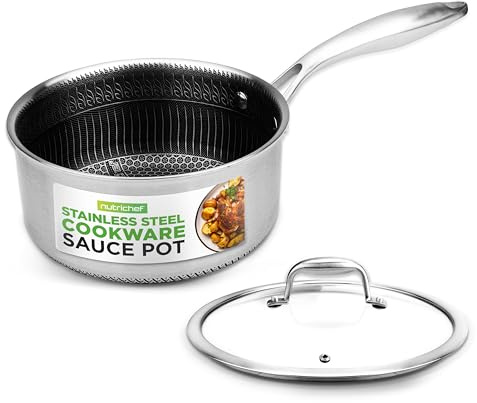NutriChef Stainless Steel Sauce Pan with Lid 1.9L, Non-Stick Etched Honeycomb Coating, Triply Saucepan, Ceramic Pot Surface, Scratch-Resistant, Glass Cover, 16 cm Sauce Pot for All Hobs