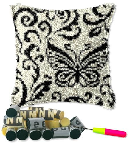 DL-YTG Latch Hook Kits Pillow Black Butterfly Crochet Yarn Cushion Colour Printed Canvas Rug Needlework DIY Pillowcase Hook and Latch Kit Christmas Home Crafts Sofa Decoration 42x42cm/16X16inch