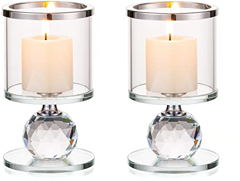 Sziqiqi Support pour Bougies Piliers en Cristal, 2 Chandelier Bougeoir en Verre Transparent, Moderne Candélabre Photophore pour Table Deco Salon Noel Maison Cadeaux de Mariage, Argenté