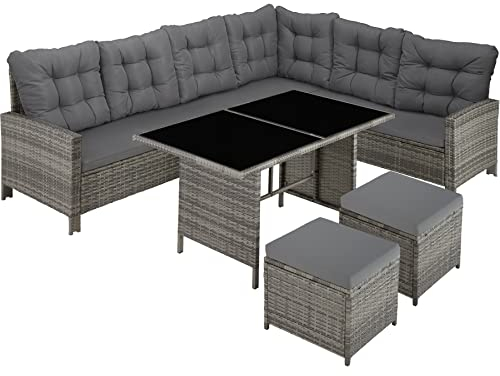 tectake Polyrattan Lounge Set, Gartenmöbel Set mit Sofa, Hocker + Tisch, Balkon Möbel Outdoor, 5-teilige Sitzgruppe, inkl. Sitz- & Rückenkissen, ideal für Garten, Terrasse, Balkon - grau/beige