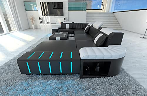 Sofa Bellagio U Form Wohnlandschaft Leder Couch mit LED Ledersofa mit Ottomane (Ottomane rechts, Schwarz-Weiß)
