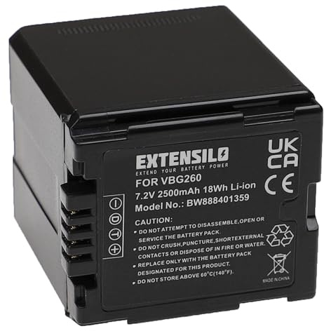 EXTENSILO batteria sostituisce Panasonic VW-VBG260 per videocamera camcorder (2500mAh, 7,2V, Li-Ion, nero)