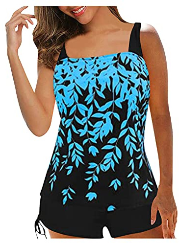 Costume da bagno da donna, due pezzi, tankini, push-up, controllo della pancia, a vita alta, costume da bagno in 2 pezzi, costume da bagno da spiaggia, tankini top con pantaloncini, Bikini Bobo Blu