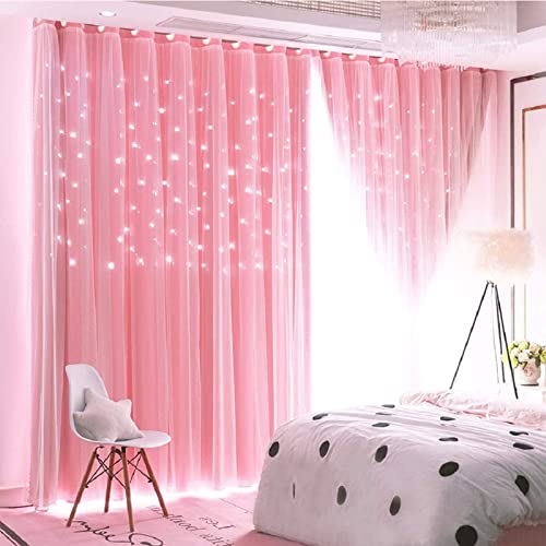 iyoimono Sternen Vorhänge Kinderzimmer Mädchen Voile Gardinen mit Ösen Verdunkelugsvorhang Rosa Vorhänge Farbverlauf Blickdicht für Schlafzimmer Wohnzimmer 1 Stück 213 x 132cm (H × B)