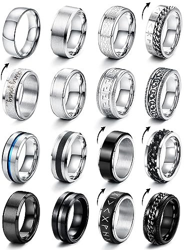 CASSIECA 16 Stück Edelstahl Herren Ringe Silber Schwarz Matt Finish Poliert Band Ring Keltischer Knoten Vintage Biker Ringe Wikinger Verlobungsringe für Herren Männer