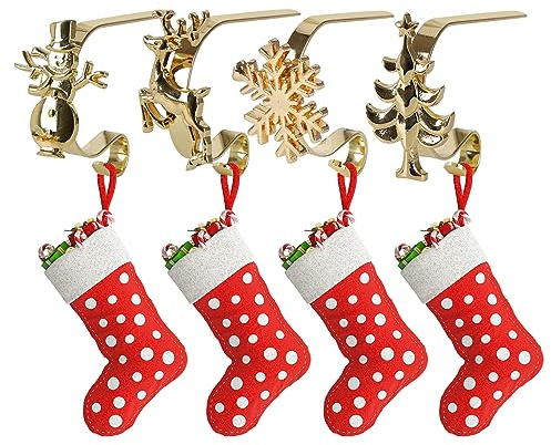 Colgadores de calcetines de Navidad Juego de 4 Oro Ganchos para Calcetines de Chimenea Navideña Calcetines de Navidad Metal para Decoración Navideña del Hogar y la Chimenea Calcetines para Chimenea