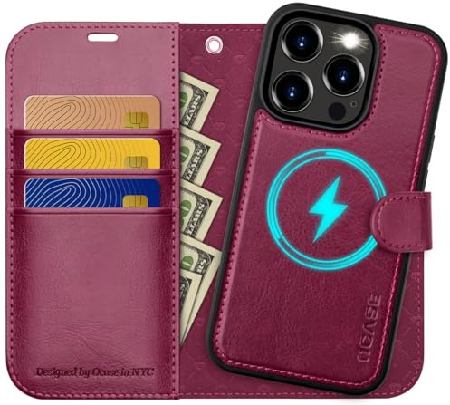 OCASE iPhone 15 Pro Max Hülle(2in1) Leder Stoßfestes Case [Abnehmbare magnetische Hülle] [Kabelloses Laden] [Kartenfach] Handyhülle RFID Schutzhülle Etui Klapphülle Burgundy 6,7 Zoll
