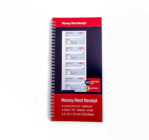 Receipt Book with Carbon Copies,Money and Rent Receipt Book,2-Part Carbonless,5.31 x 11.22,Spiral Bound,200 Sets per Book,4 Receipts per Page