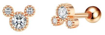 Kaguyo Minnie mouse screw back earrings, 925 Sterling Silver small tiny Cartilage Clear Zirconia Mickey mouse screw stud earrings For Women Girls Kid birthday Gift (rose gold)