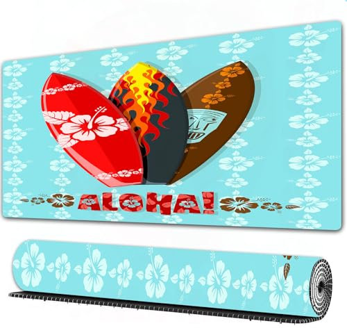 EOMKSE Mauspad Verlängertes großes Mauspad Schreibtischauflage,genähte Kanten Mauspad,Gummibasis,Surfen, Illustration moderner Aloha-Surfbretter mit Hibiscus Tribal Flame Extr,Gaming-Mauspad,40x90 cm