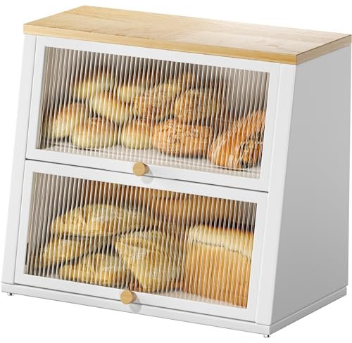 Urackify Bread Bins for Kitchen, Two-Layer Large Bread Box, White Bread Bin with Striped Window Door Panel, Bread Storage with Wood Handle, kitchen bread basket Storage with Removable Layer, White