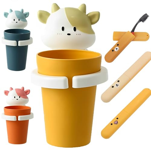 DXIA Gobelet à Dents pour Enfants, Porte-Brosse à Dents Motif Animaux de Dessin Animé + 3 Pcs Boîte de Brosse à Dents de Voyage, pour Salle de Bain Verre, Brosse à Dents Dentifrice（Beige）
