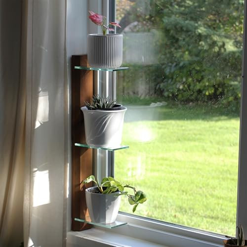 Daniel's Plants 3-stöckiges Pflanzenregal für Fensterbank (Echtholz & Glas) | mieterfreundliche Fensterregale | Abnehmbarer Pflanzenständer für den Innenbereich mit Haken und Schlaufe | Einfache