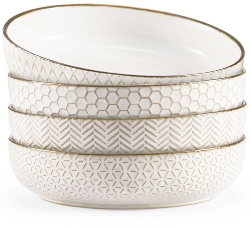 KooK Pasta Bowls, Ceramic, Embossed Serving Bowls For Stews and Salads, Large Capacity, Microwave & Dishwasher Safe, Ivory with Dark Copper Accents, Set of 4, 40 oz, Narbonne Collection