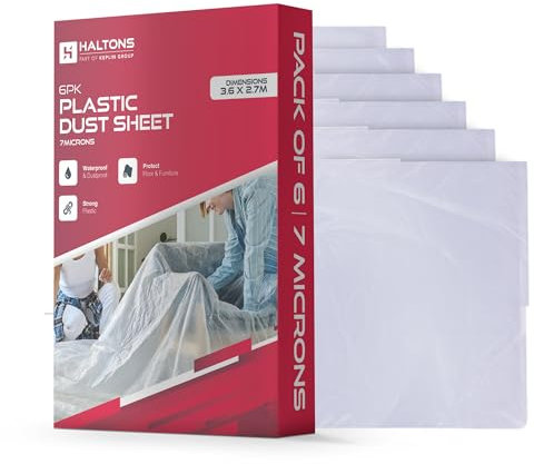 Haltons 6 Pack White LDPE Dust Sheets (3.6x2.7m, 7μm), Durable Plastic Dust Sheet for Decorating, Furniture & Floor Protection, Plastic Sheet for Painting, Renovation, and Debris Covering