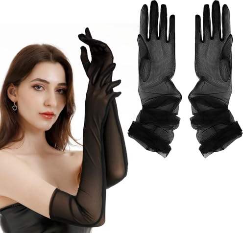 JOYOLA 2 Paar Damen Lange Tüll Handschuhe Schwarz, Opera Party Handschuhe Halb Transparent, Vintage Nahtlose Handschuhe, Lange Handschuhe Damen für Teeparty Halloween Abend Abschlussball Opernparty