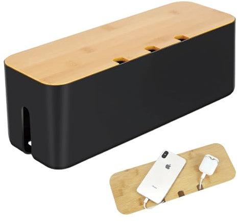 Cable Tidy Box, Cord Organizer Box with Wooden Lid, 36 x 13 x 13 cm (Black)