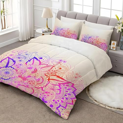 Bettdecke 200x220 Ohne Bezug Nutzbar, Blumenfarbverlauf Bettdecken Waschbar Ganzjahresdecke Traum 4 Jahreszeiten Steppdecke, Bettzeug Microfaser mit 2 Kissenbezug für Sommer Winter Doppelbett