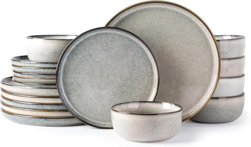 Stoneware Dinner Sets for 6 People, 18 Pieces Handcrafted Embossed Plates and Bowls Set, Scratch Resistant Dinnerware Set, Dishwasher & Microwave Safe Crockery Set (Green Wheat, Set of 18)