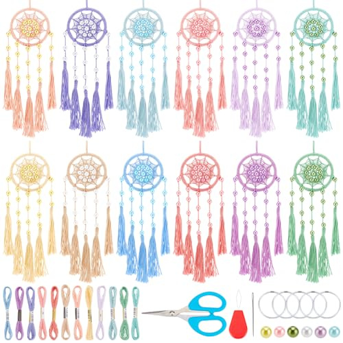 INFUNLY 12 Set DIY Mini Traumfänger Set Mit Glasperlen Buntes Kleines Traumfänger Set Mit Anleitung Boho Traumfänger Bastelset für Taschenanhänger Autospiegel Anhänger Schlafzimmerdekor