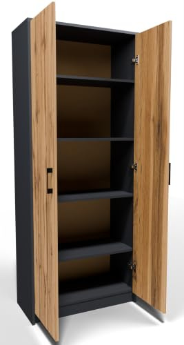 MATKAM Bücherregal R5, B/H/T 74x180x35cm mit 2 Türen, ideal für Büro, Diele Wohnzimmer, Jugend- oder Kinderzimmer, mit verstellbaren Regalböden und satinierte Griffe (Anthrazit Grau-Wotan Eiche)