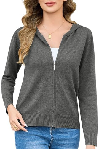 Aottori Strickjacke Damen Kurz Cardigan mit Kapuze Reißverschluss Langarm Kapuzenpullover Herbst Winter Jacke Elegant Casual Strickcardigan Pullover Outerwear Strickmantel Grau M