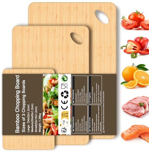 KIMIUP Wooden Chopping Boards for Kitchens, 3 Pieces, Easy Clean& Storage | Bamboo Cutting Boards Set with Hanging Hole, Kitchen Board for Meat, Serving Food, Vegetables, Fruits, Double-sided Design