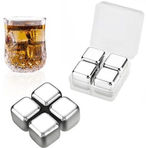 4 Pz Cubetti di Ghiaccio per Whisky Riutilizzabili, Pietre di Whisky in Acciaio Inossidabile, Pietre di Raffreddare per Whisky, Pietre di Ghiaccio in Metallo, Metal Ice Cubes Congelamento Rapido