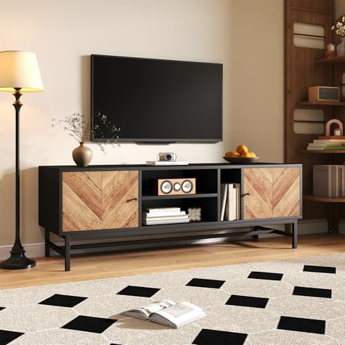 Wuudi Meuble TV de 150 cm : design contrasté noir et bois avec espace de rangement polyvalent, y compris des armoires, des compartiments horizontaux et verticaux, design moderne et minimaliste