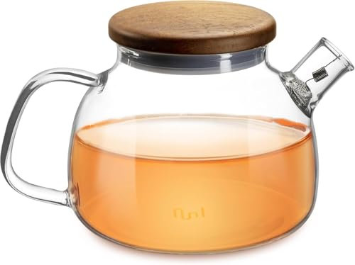 Impolio Théière en verre avec infuseur, 580 ml, avec couvercle en bois, résistant à la chaleur, en verre borosilicate résistant à la chaleur, avec passoire, design de théière, service à thé, service à