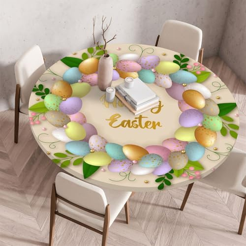 Highdi Ostern Elastische Tischdecke Rund Abwaschbar, Spanntischdecke Rund Gartentischdecke Outdoor Round Tischdecke mit Gummizug für Feiertage Versammlung (140cm,Eiergirlande)