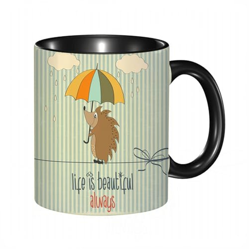 HRRASFAZF Tasse à Café | Tasse Céramique Fine | Cadeau Original | 330ml | Mug avec Anse | Cadeau Original pour Homme et Femme | Citation, Hérisson acrobate tenant un parapluie et la vie est toujours