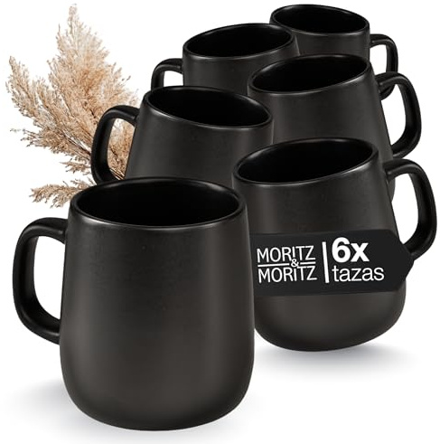 Moritz & Moritz tazas de café juego de 6, tazas de porcelana con asa de 380ml, diseño elegante para café, té o capuchino, juego de tazas de café y desayuno de porcelana resistentes y elegantes - Negro