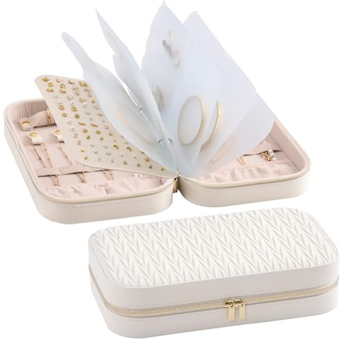 Lolalet Trousse Bijoux Voyage, Pochette Bijoux Portable en PU Cuir, pour Colliers Boucles d'Oreilles Bagues -Blanc