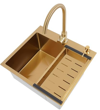 Fregadero de cocina de acero inoxidable Ecoggeder Multifuncional Fregadero de una cubeta Fregadero de cubeta única Fregadero compuesto 55 x 50 cm Oro con grifos, cesta de escurrido, dispensador de