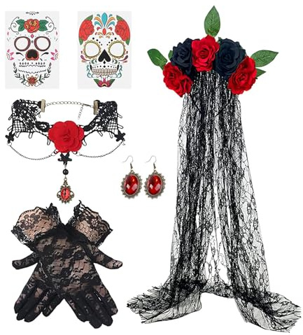 Dreuhuing Déguisement Día de Muertos pour Femme,Set Voile Et Boucles D'oreilles Jour Des Morts - Gants Voile Boucles d'Oreilles Collier Costume Adulte Soirée Halloween Scénique Cosplay