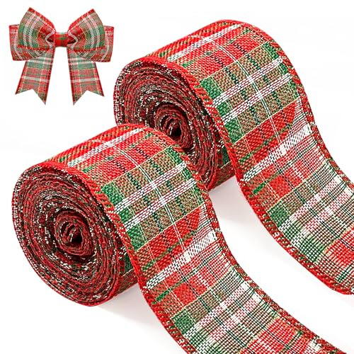 xiaowanwan 2 Rollen Stoffband für Weihnachten mit dünnem Metalldraht, 6 m Tartan-Band, Weihnachtsbänder für Weihnachtsbaum, dekoratives Geschenk (Stil 1)